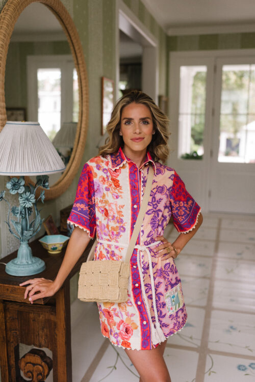 pink floral shirtdress woven bag