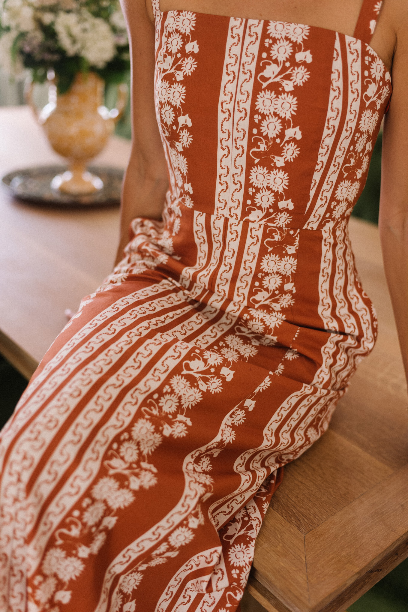 orange white patterned midi dress