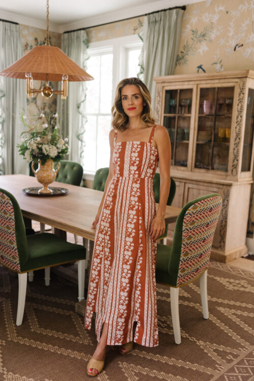 orange white patterned midi dress