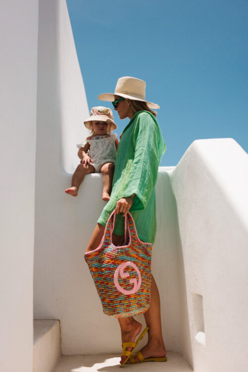 green swim green coverup rainbow tote straw hat