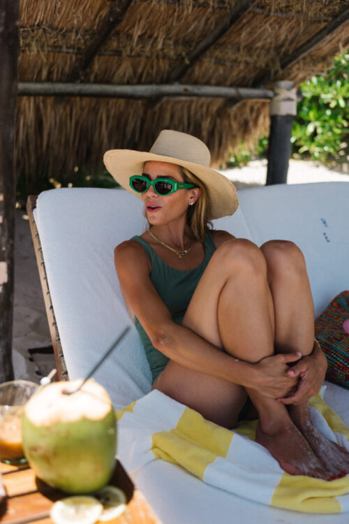 green swim green coverup rainbow tote straw hat