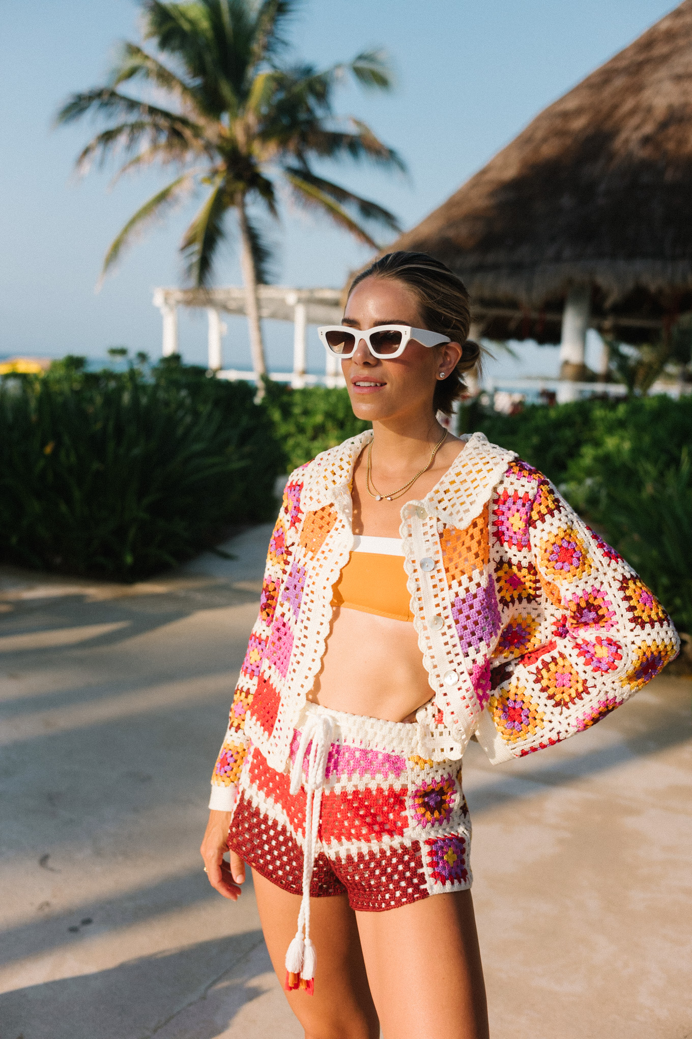 pink orange purple crochet shorts set