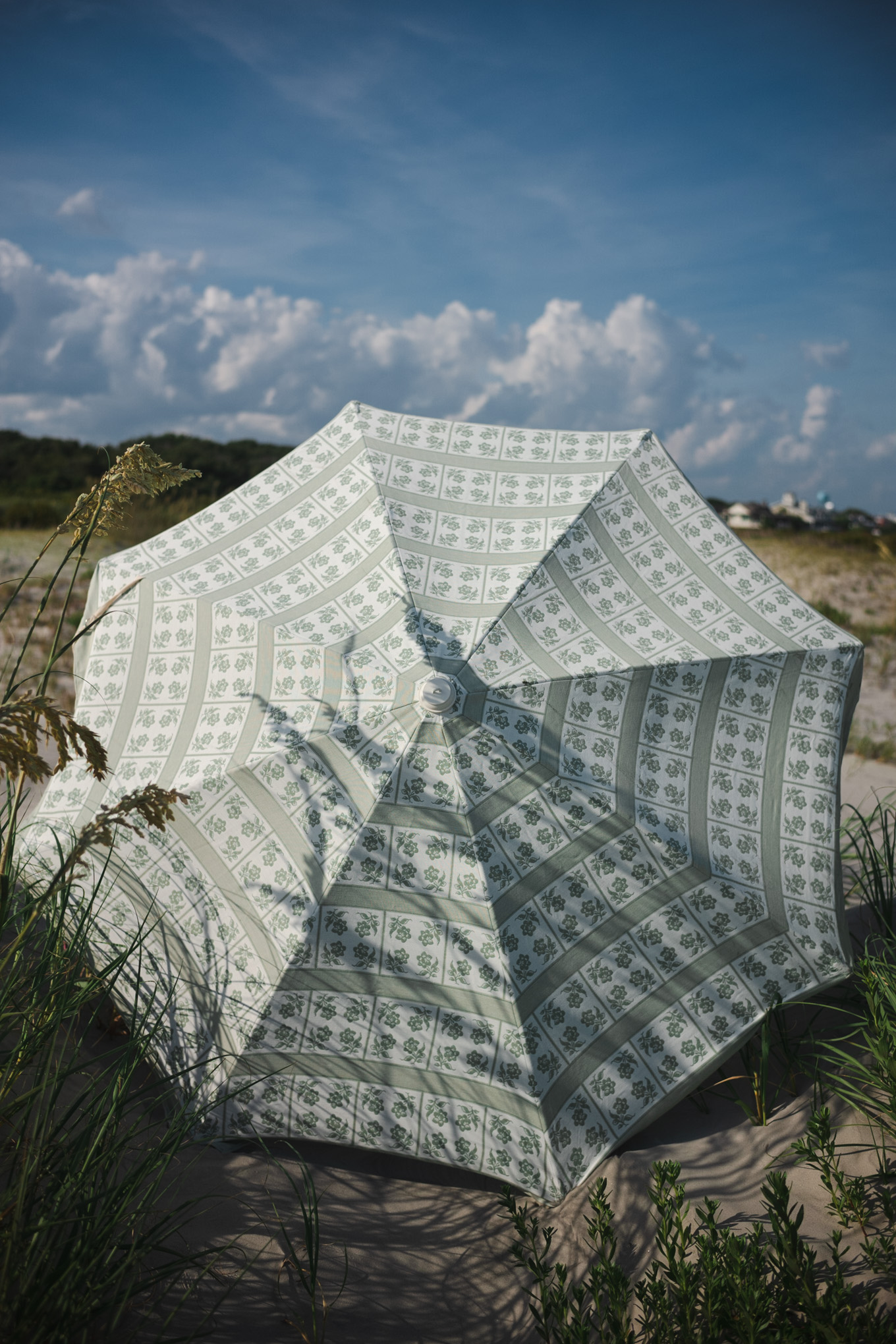 sage green white floral beach sun umbrella