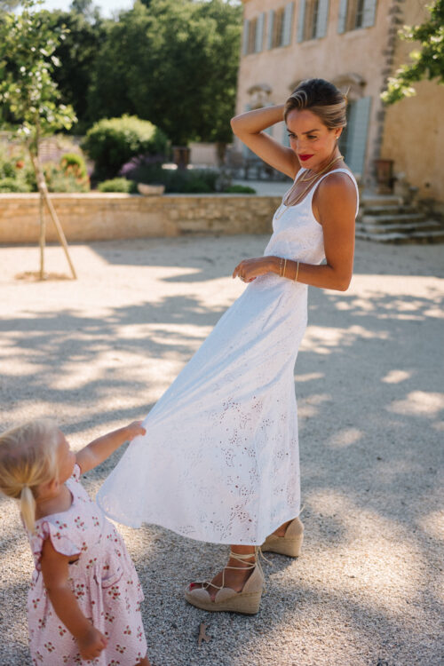 white eyelet dress woven espadrilles