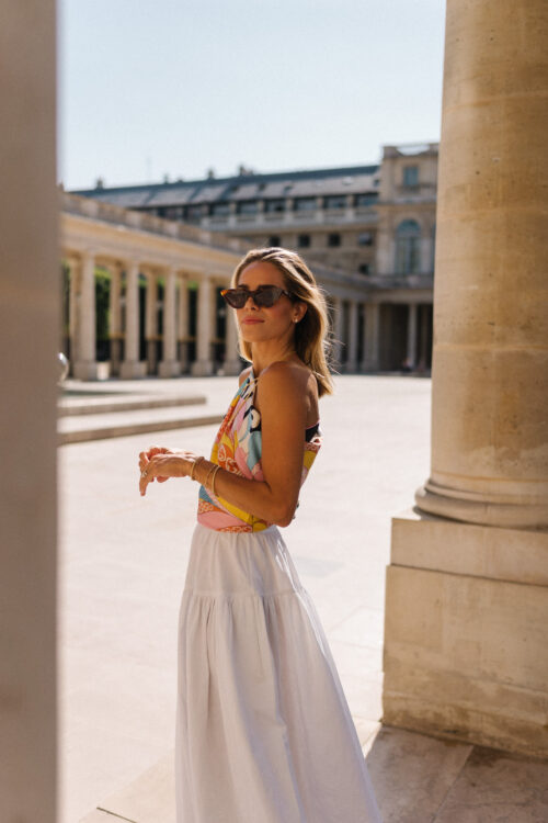 silk scarf top white skirt