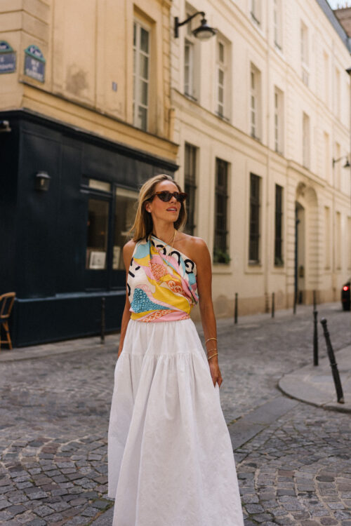 silk scarf top white skirt