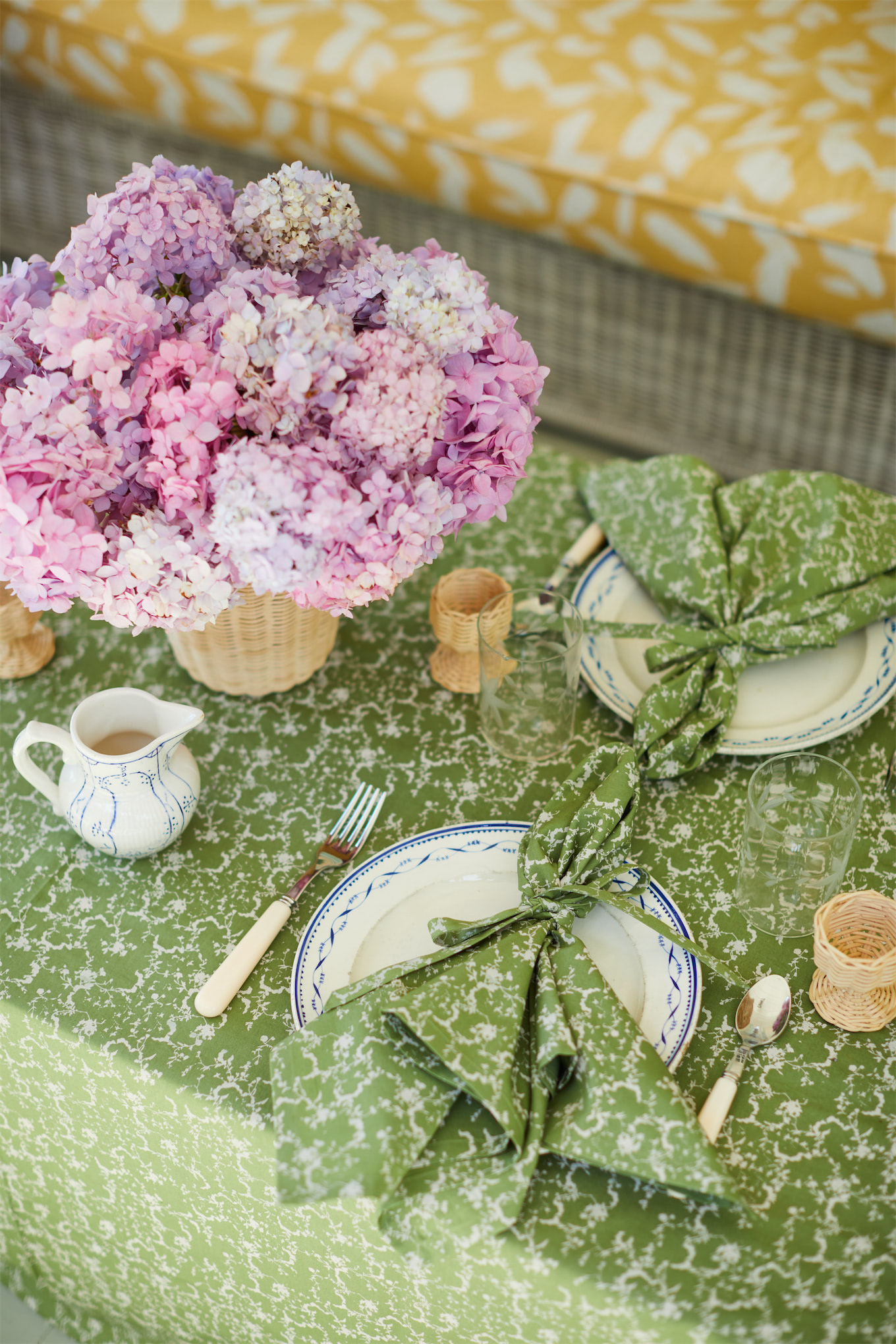 green achromatic  floral array  linens