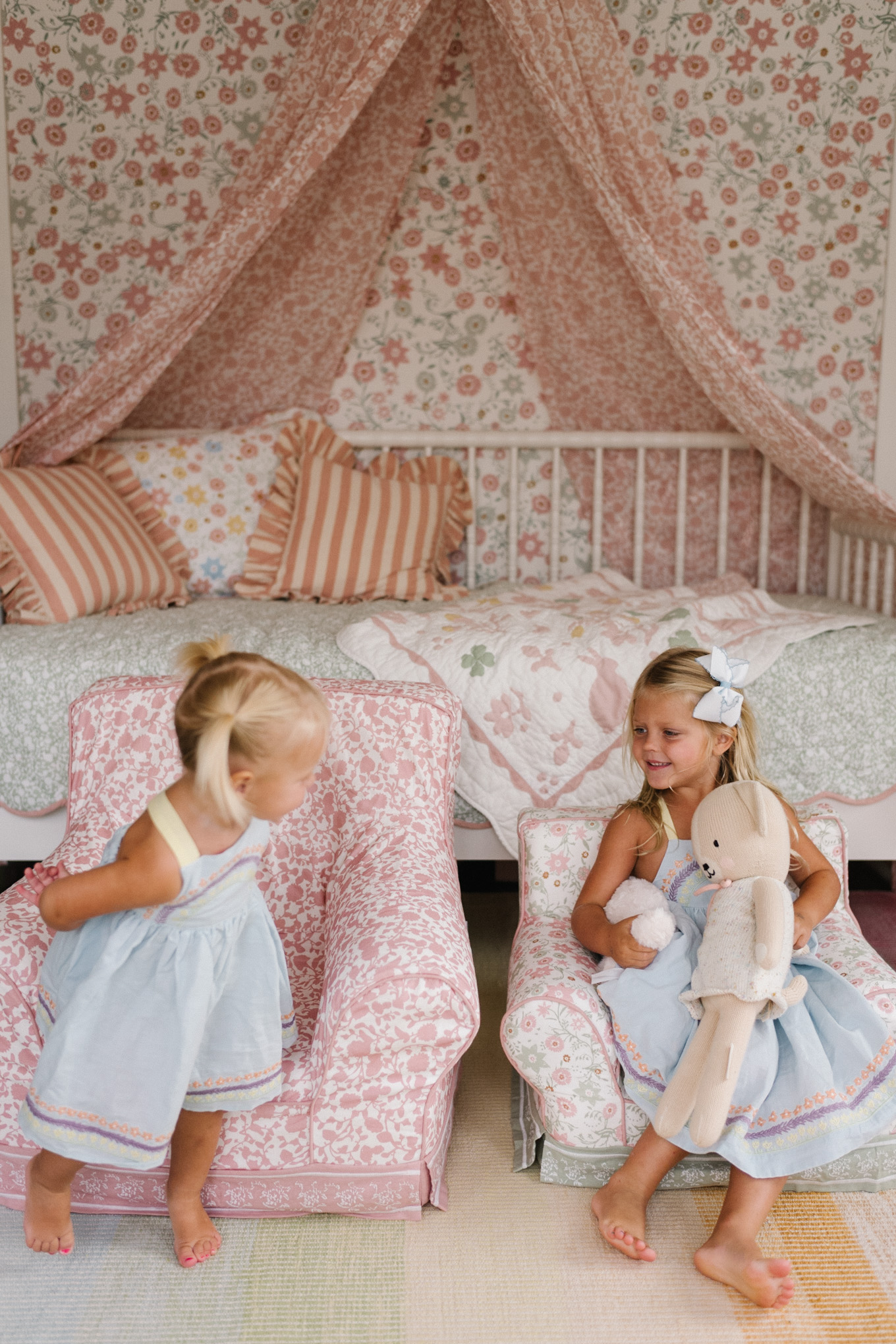 pink green white floral kids furniture bedding toys wallpaper
