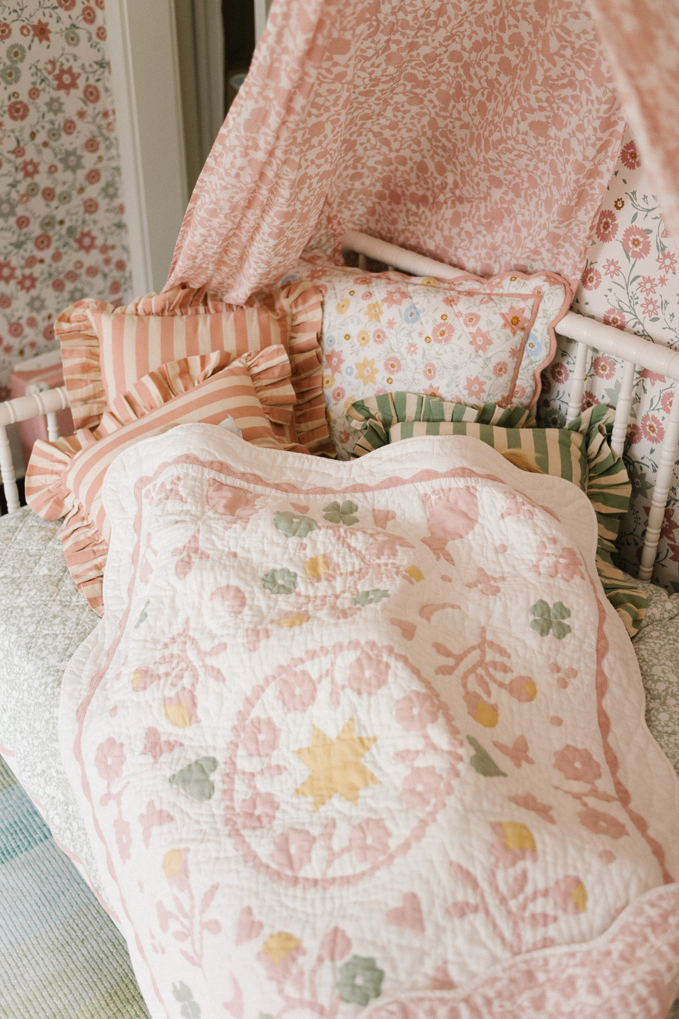 pink green white floral kids furniture bedding toys wallpaper