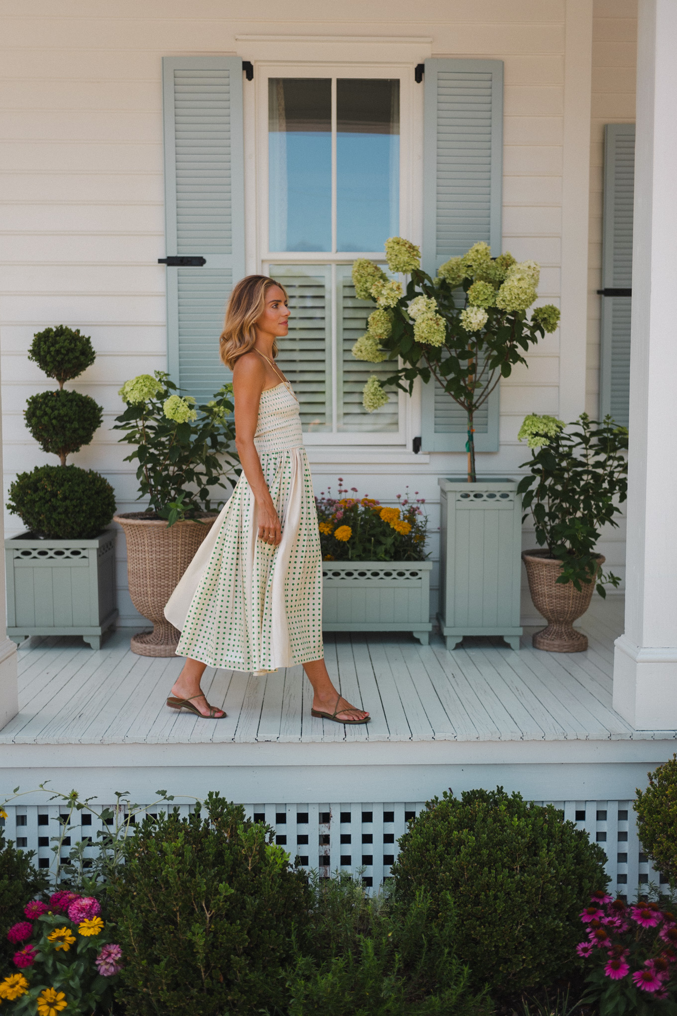 green and woven outdoor planters