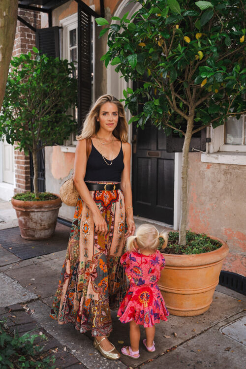 black bodysuit bohemian patterned skirt