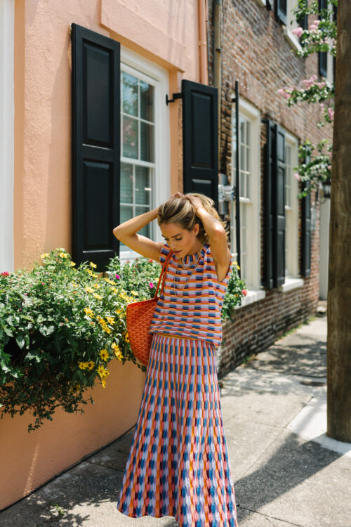 pink blue patterned knit skirt set