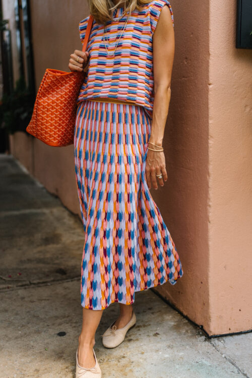 pink blue patterned knit skirt set