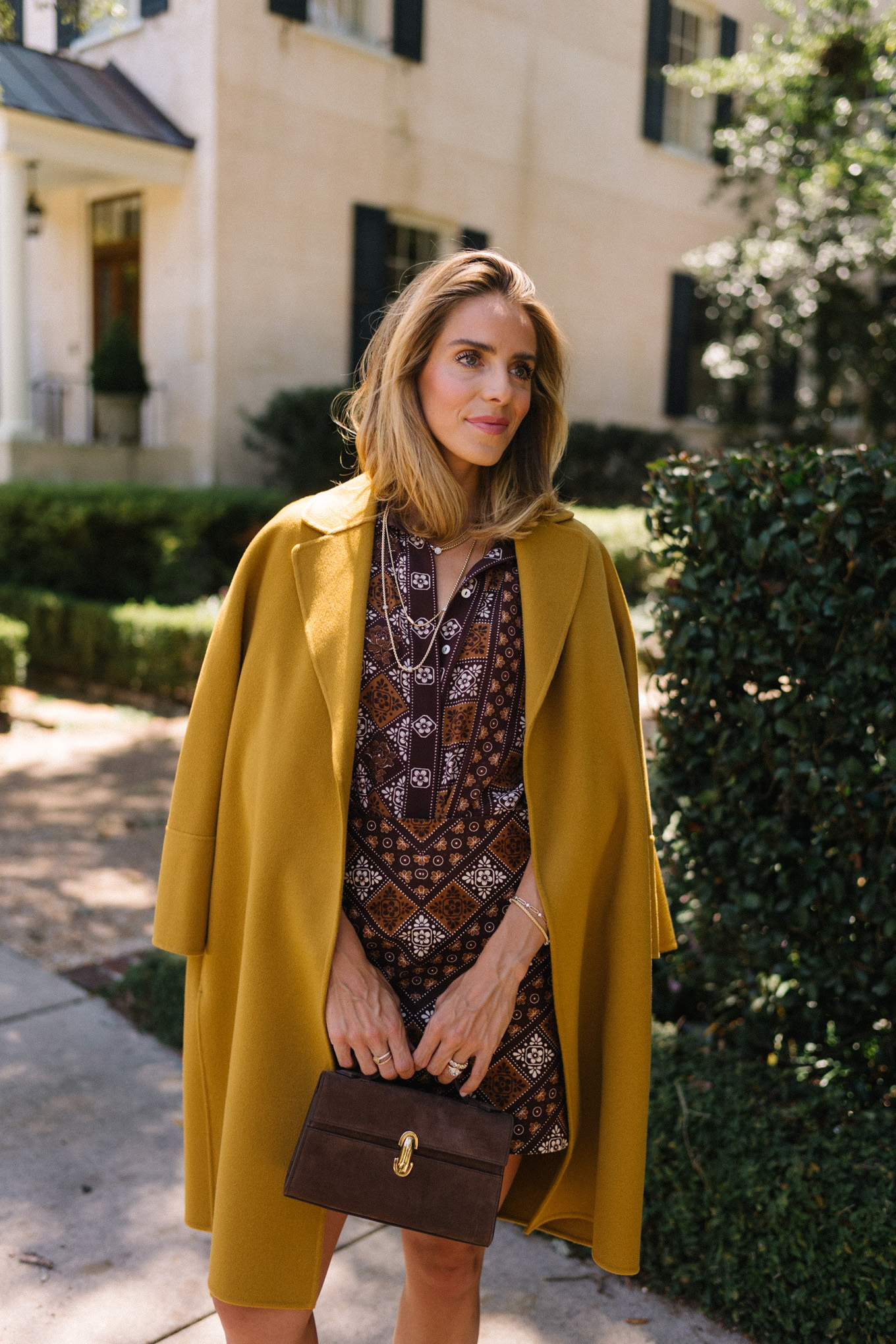 gold wool coat brown patterned skirt set