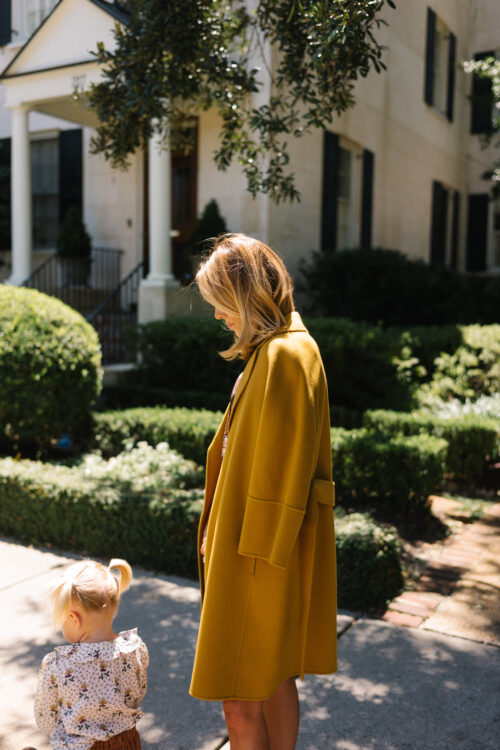 gold wool coat brown patterned skirt set