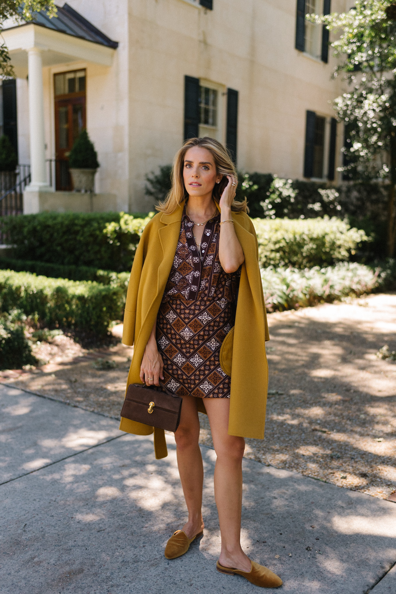 gold wool coat brown patterned skirt set