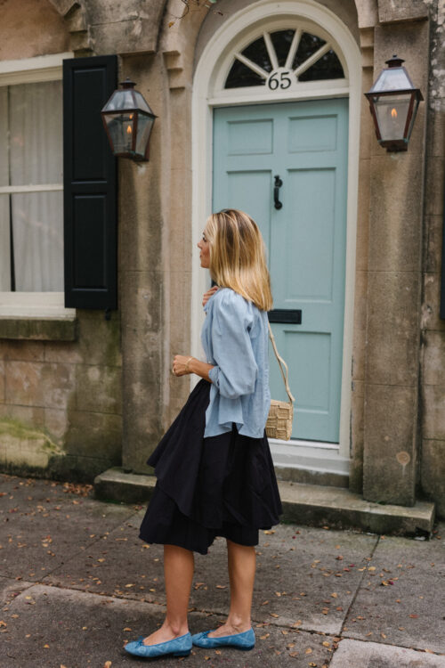denim button down white tshirt black skirt blue ballet flats