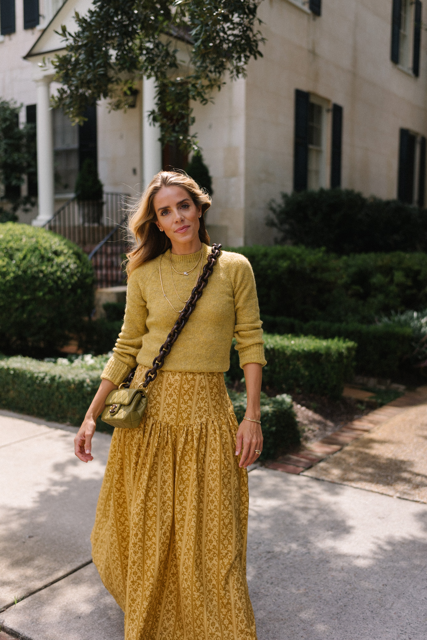 gold sweater gold yellow floral maxi skirt