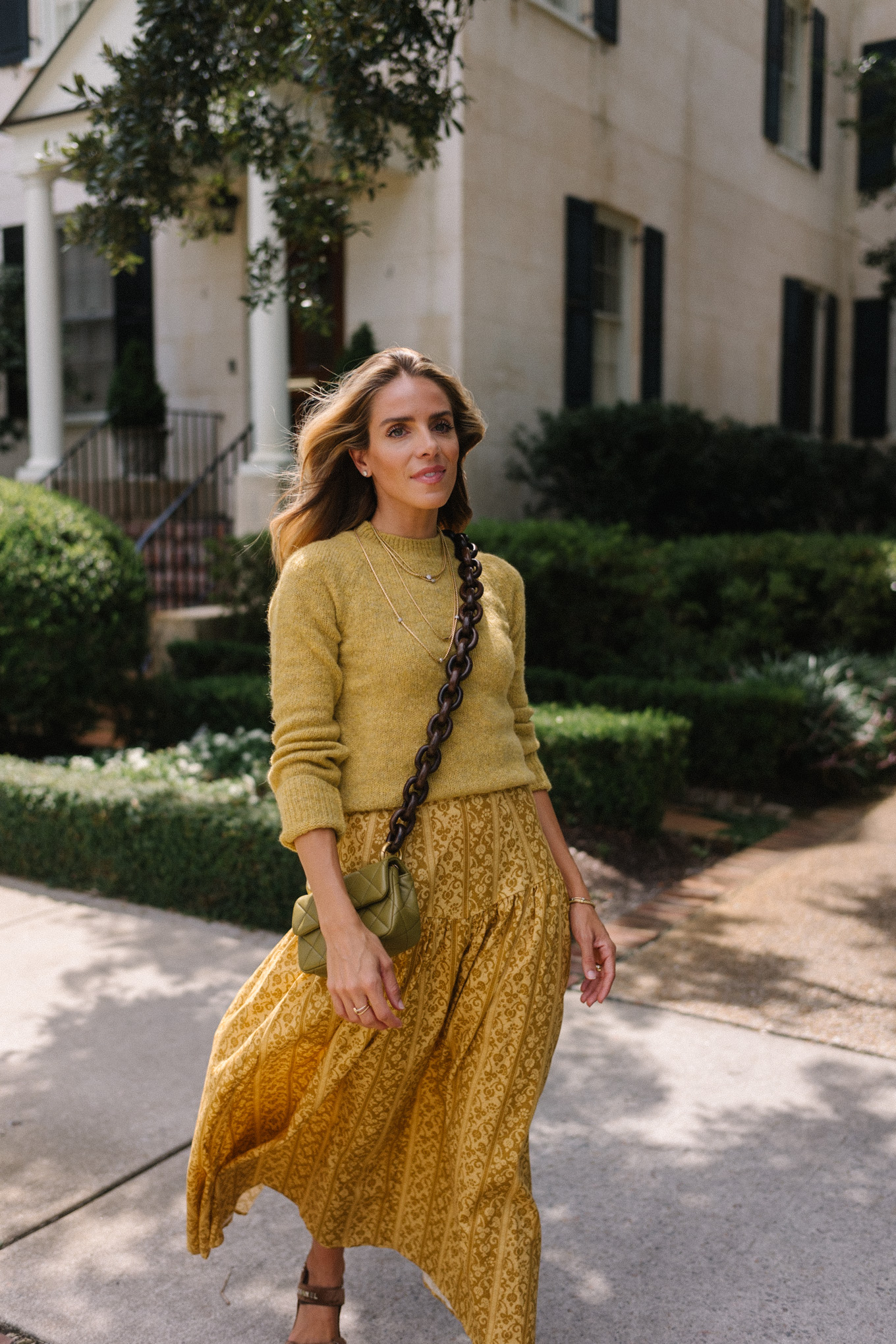 gold sweater gold yellow floral maxi skirt