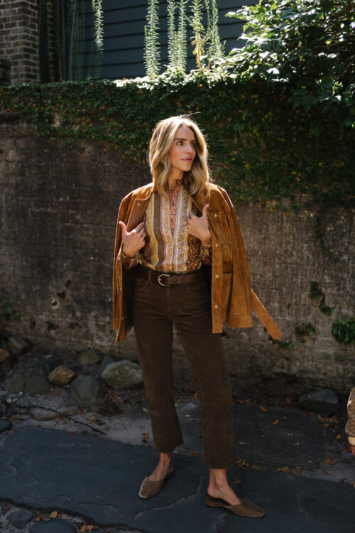 fall striped top green brown corduroy pants