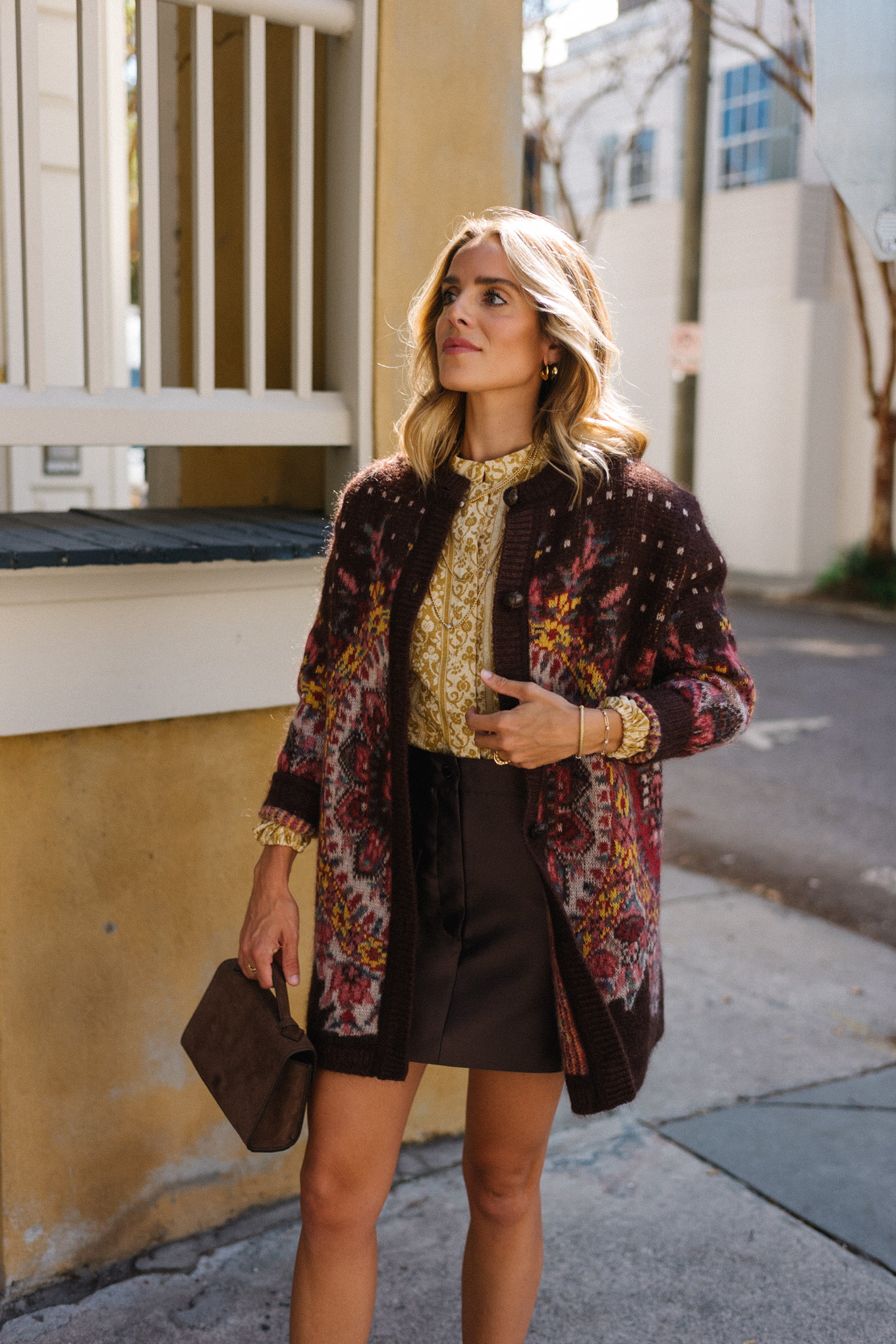 maroon cardigan gold floral top brown leather skirt