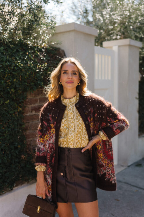 maroon cardigan gold floral top brown leather skirt
