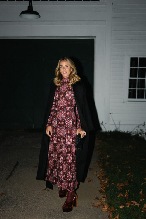 maroon floral dress black coat