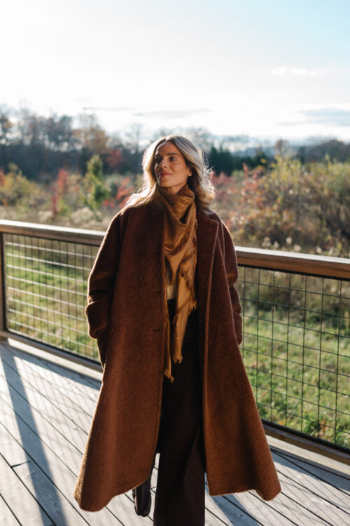 brown fuzzy maxi coat gold silk scarf