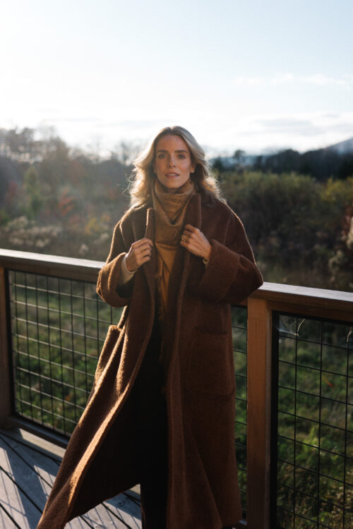 brown fuzzy maxi coat gold silk scarf