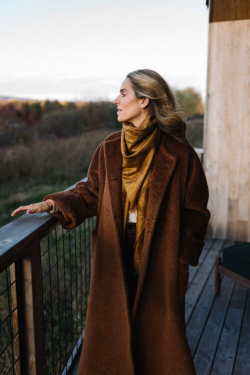 brown fuzzy maxi coat gold silk scarf