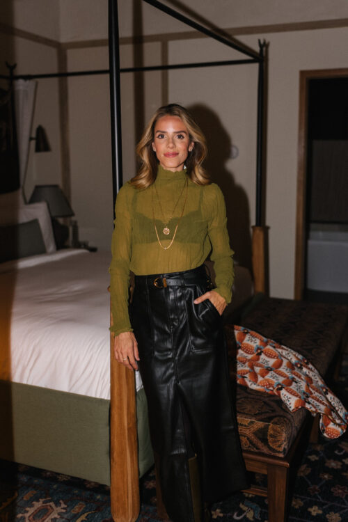 patterned blazer green sheer top black leather skirt