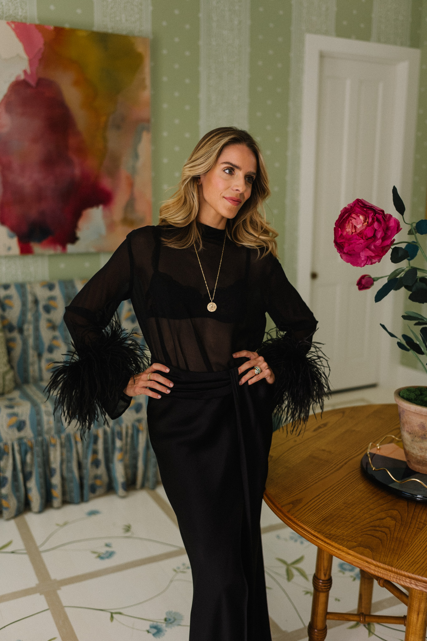 black long sleeved sheer feather maxi dress