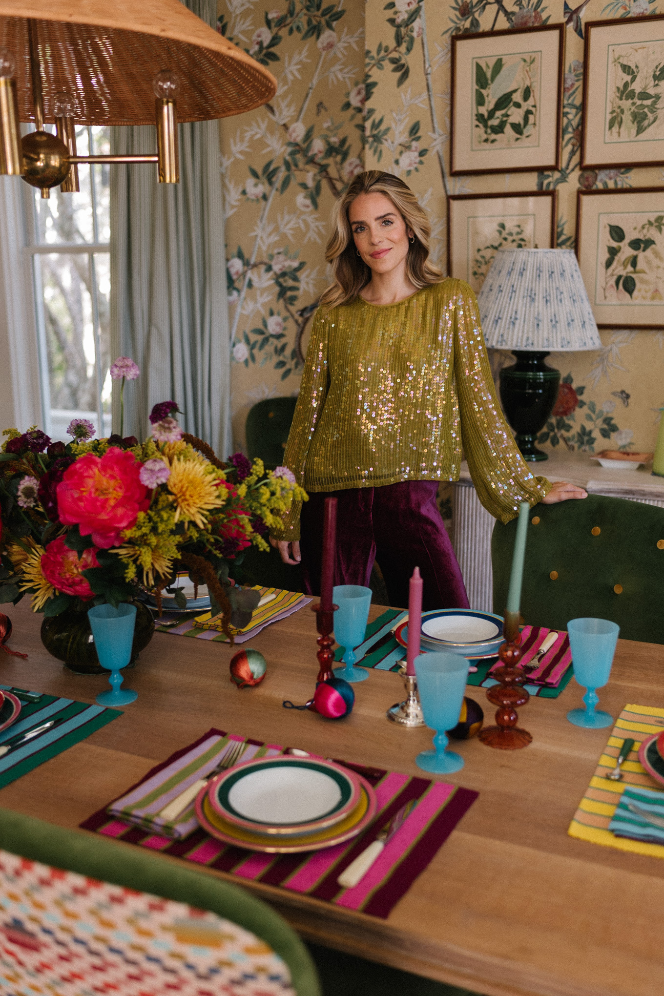 sparkly blouse velvet pants colorful holiday tablescape