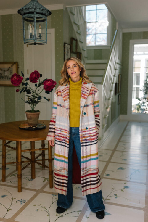 striped long coat gold sweater blue denim