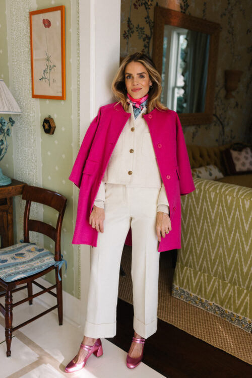 pink coat white jacket white pants pink pumps