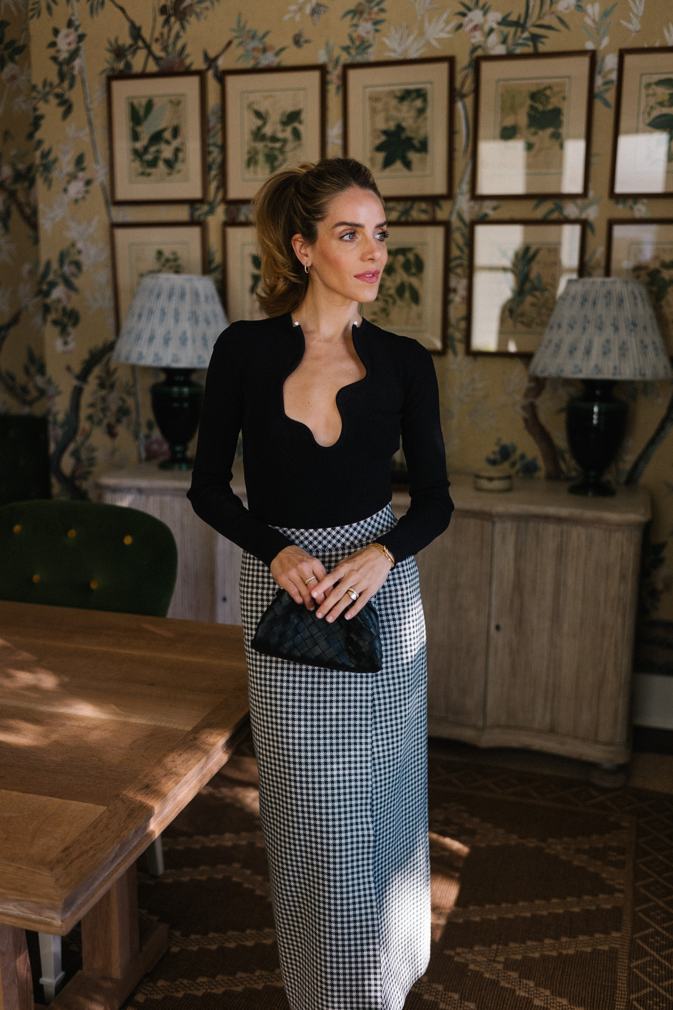 black and white houndstooth wrap skirt black top