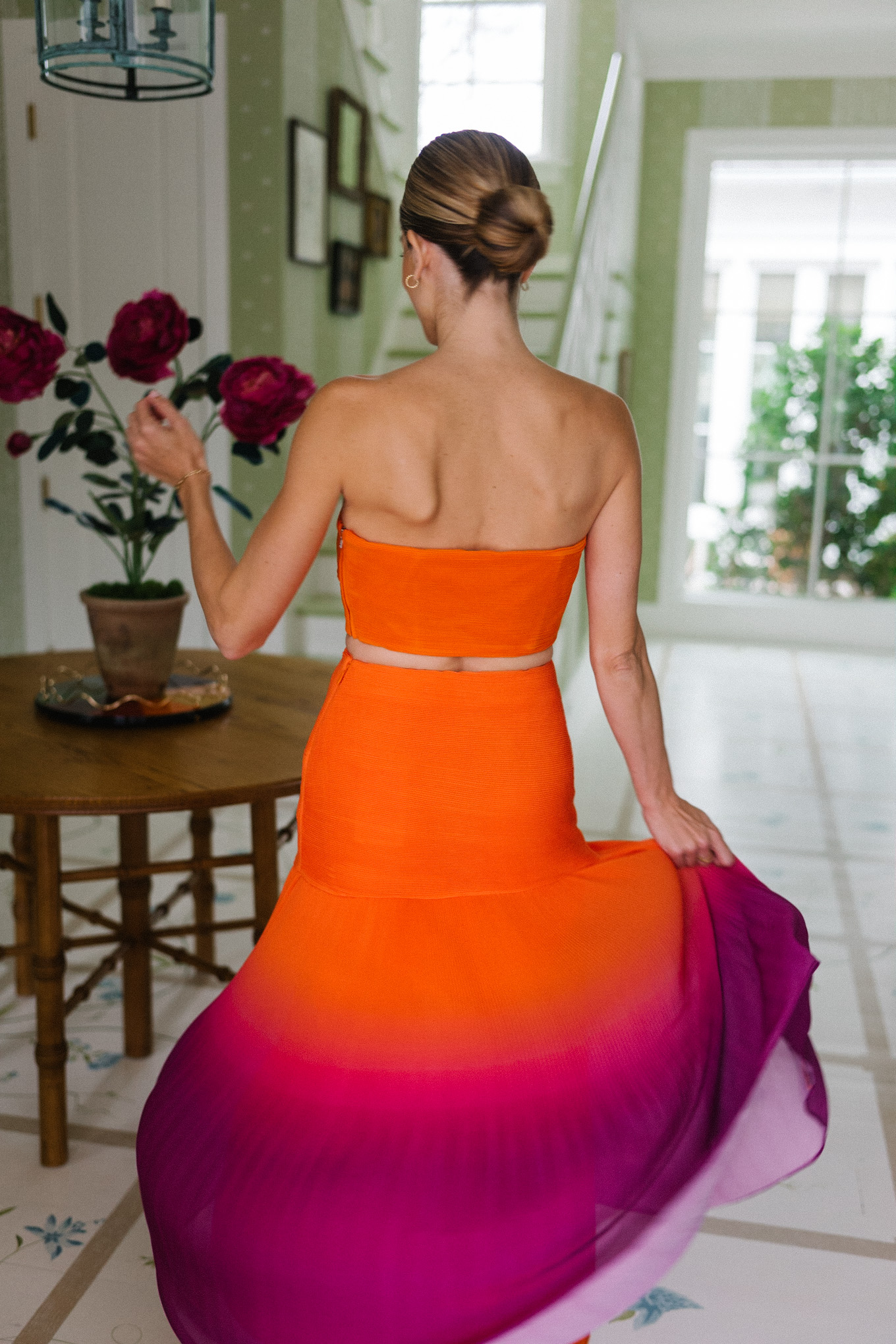 orange purple strapless top skirt set