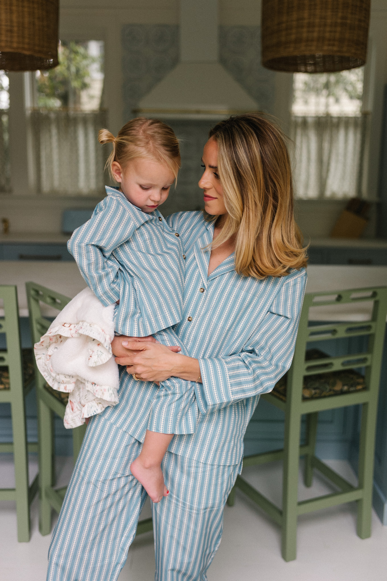 blue heart striped mommy and littles pajamas