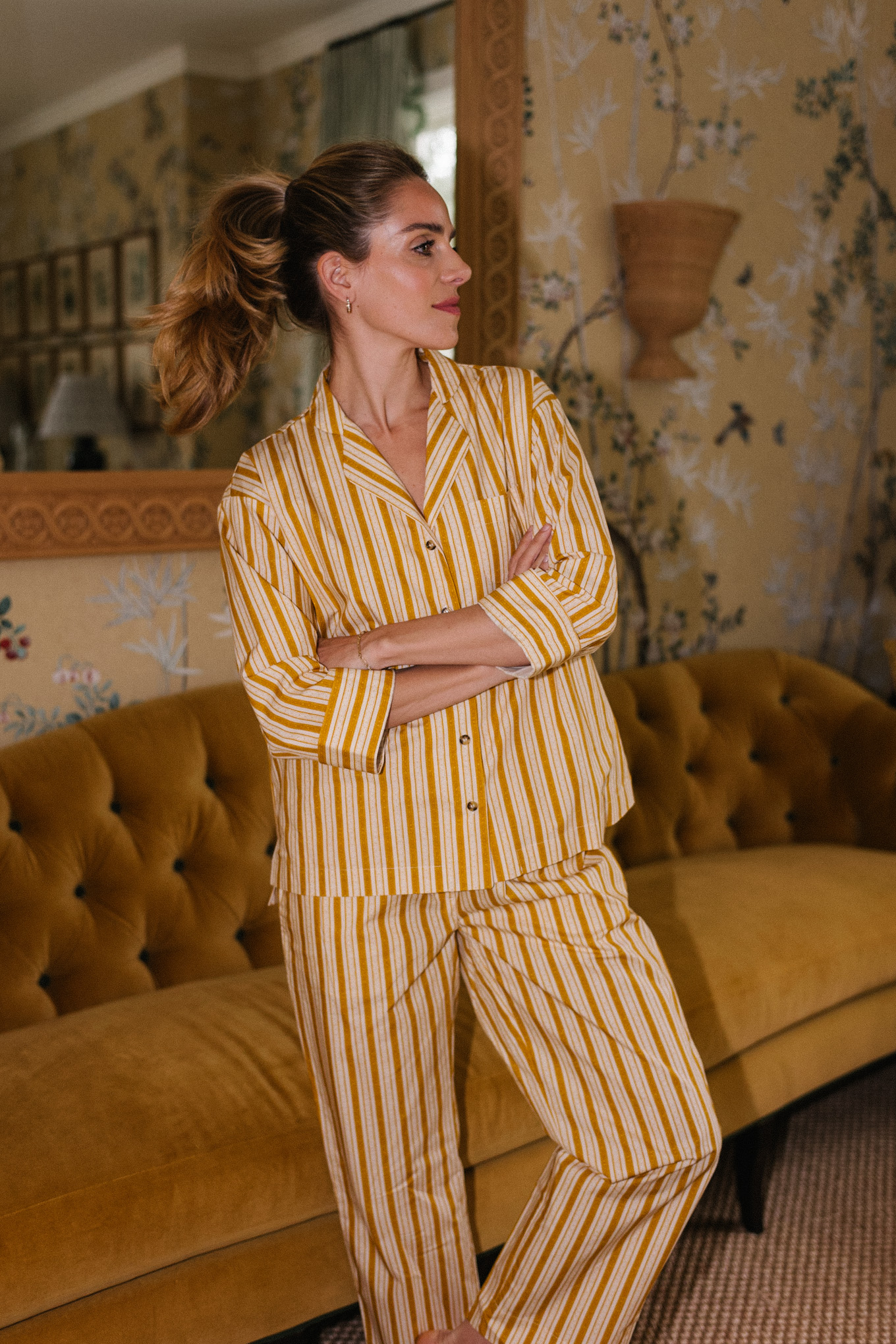 gold white stripe cotton poplin pajama set