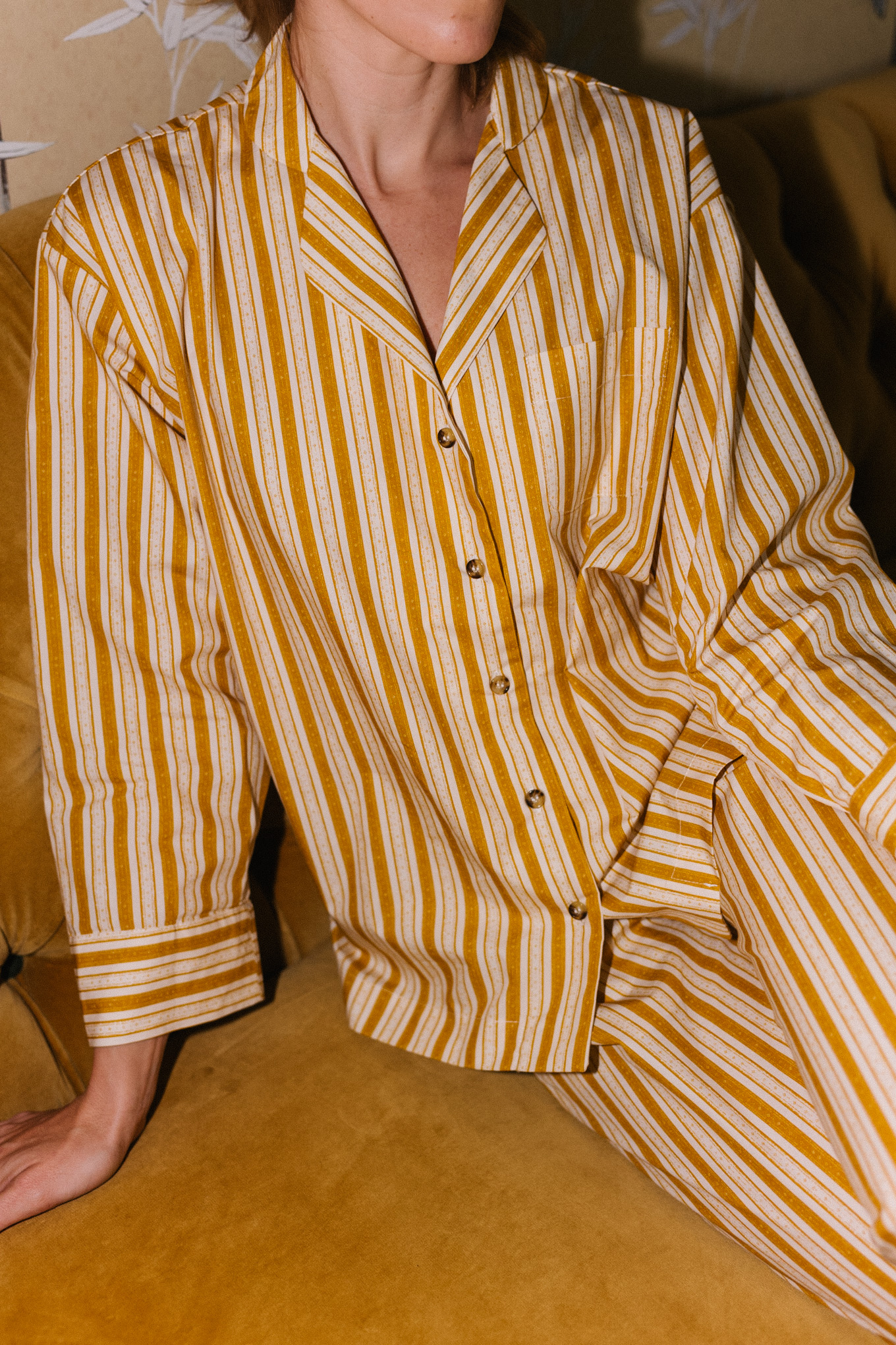 gold white stripe cotton poplin pajama set