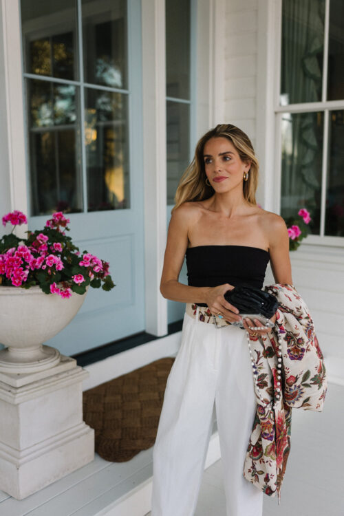 floral coat black top white trousers
