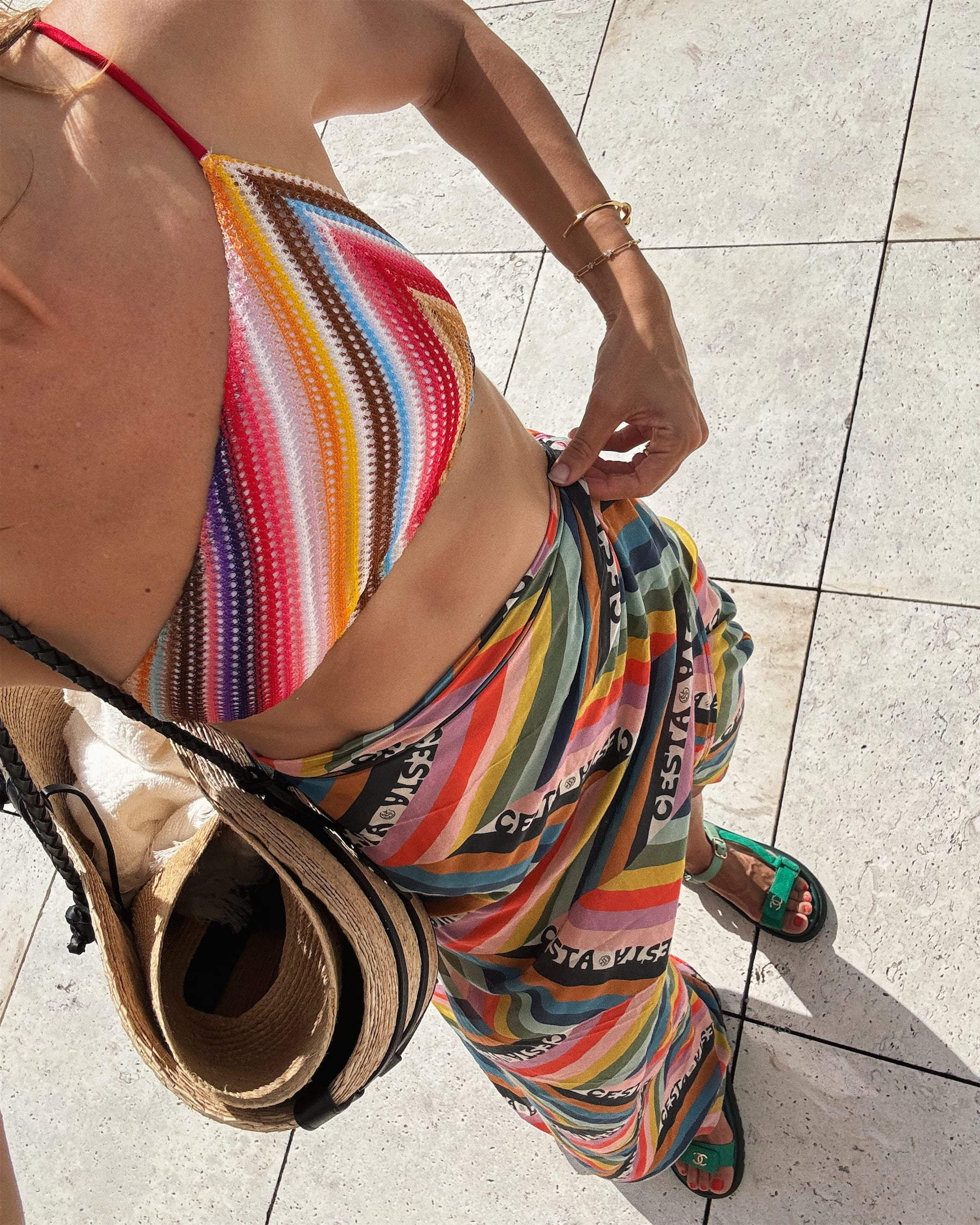 striped rainbow bikini and pareo