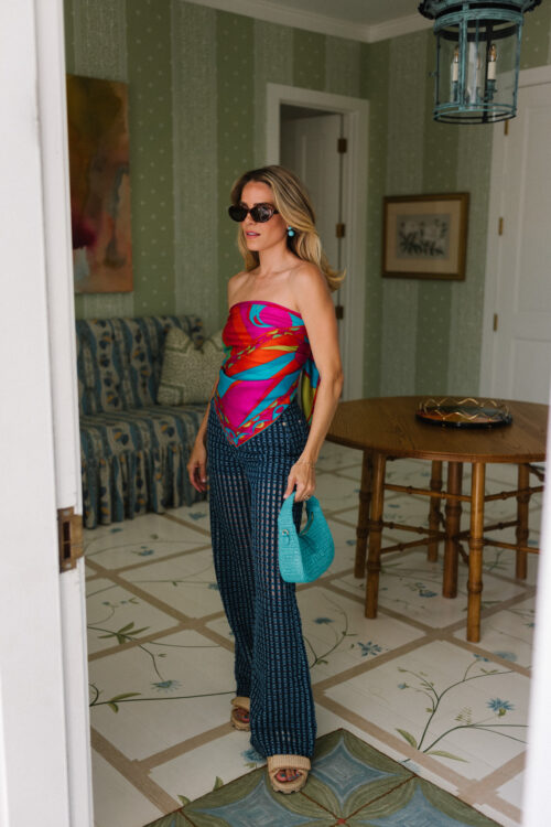 rainbow silk scarf top layered woven denim pants turquoise bag