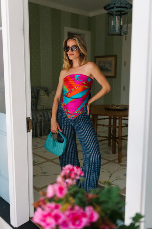 rainbow silk scarf top layered woven denim pants turquoise bag