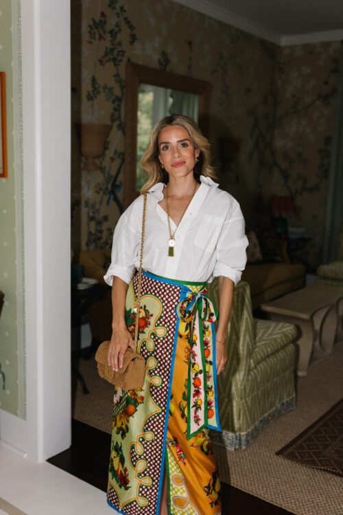 white collared blouse silk colorful wrap skirt