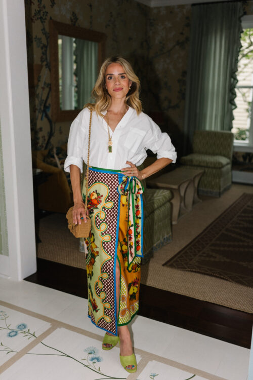 white collared blouse silk colorful wrap skirt