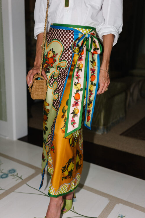 white collared blouse silk colorful wrap skirt