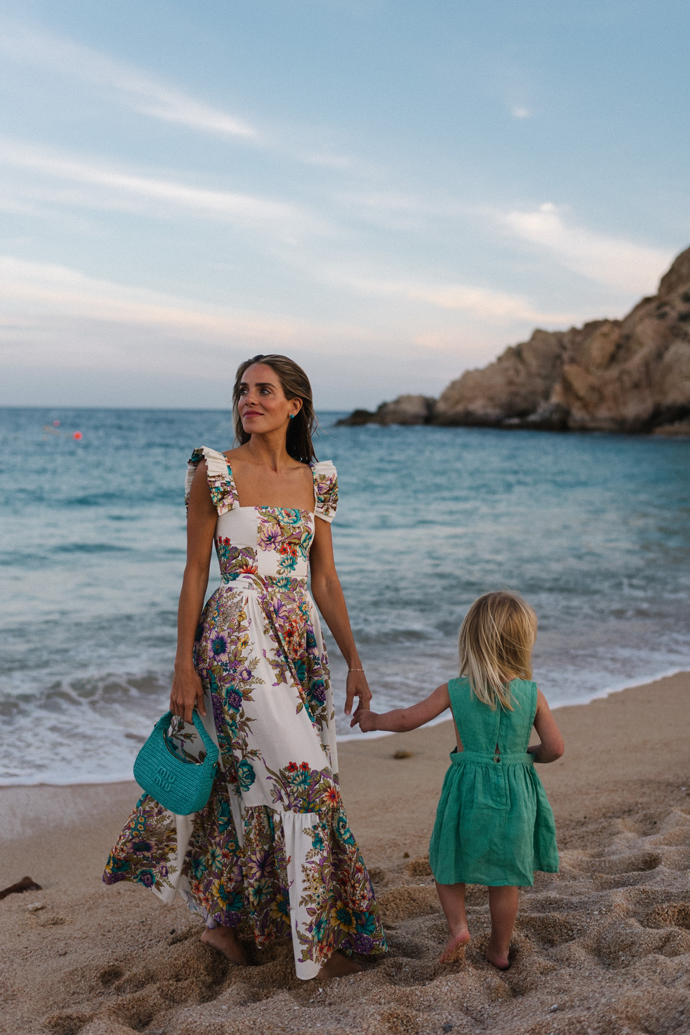 white floral maxi dress turquoise bag brown strappy sandals turquoise littles dresses