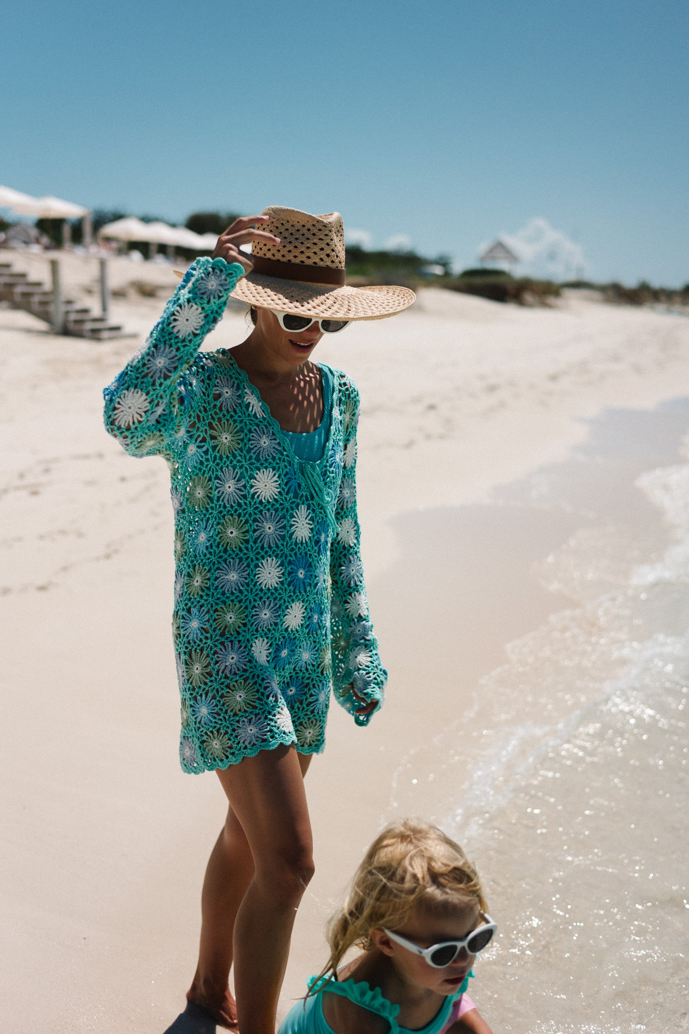 turquoise swimsuit turquoise crochet coverup straw sunhat