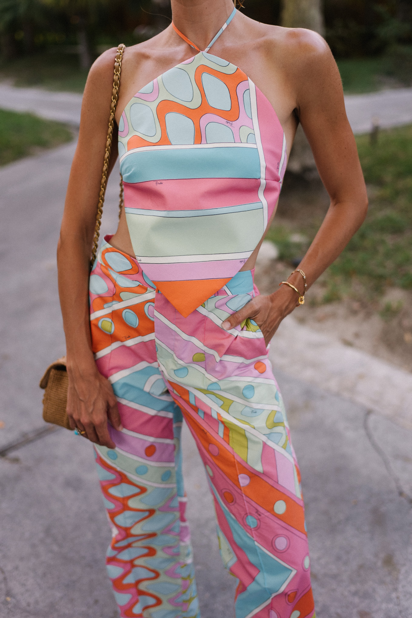bright patterned halter top and pants set